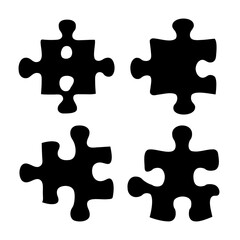 Fototapeta premium Four black puzzle pieces isolated on a white background symbolizing problem-solving and connection