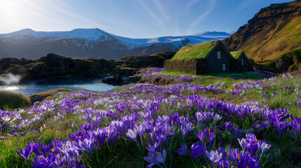 Obraz premium AI generator images of turf house with stone walls and a grass-covered roof, providing natural insulation. The area around the house is filled with blooming purple lupines or crocuses
