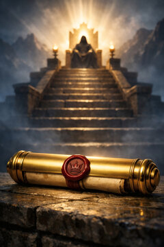 Royal Decree: King on Throne, Golden Scroll Sealed with Crown for Announcement