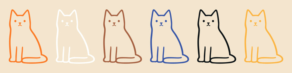 Minimalist line art illustration of colorful sitting cats in a row on a beige background. Cute flat design icons for feline lovers. © Петро Корженівський