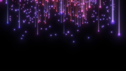 Abstract blue flying vertical glowing neon lines meteorites of energy and light from magic energy dots particles on a black background. Abstract background © Bolbik