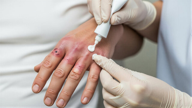 Gloved hands applying cream to inflamed skin