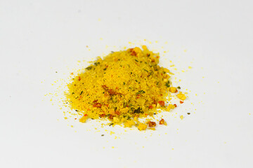 Spice mix, turmeric powder, red paprika pile, anise seeds, minced spicy chili pepper, ground black pepper, chili pepper flakes, isolated on white background, top view, clipping path
