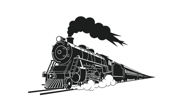 Classic black and white silhouette of a vintage steam locomotive train moving along railroad tracks, with smoke billowing from its chimney.