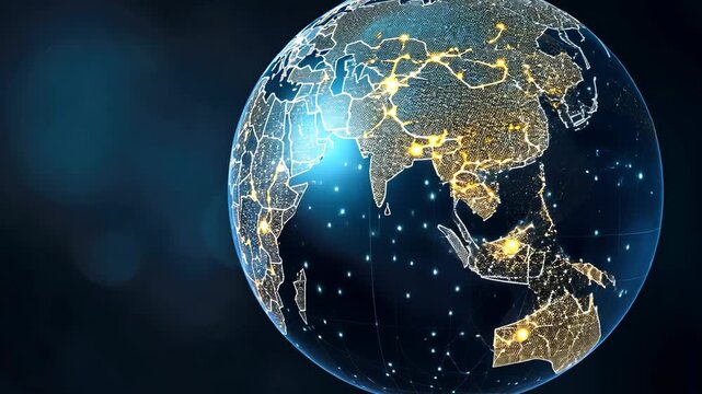 The globe displays bright lines linking cities around the world, highlighting locations and connections during the night time