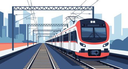 Fototapeta premium A modern commuter train traveling on railroad tracks through a city, with tall buildings and an overhead power line system.