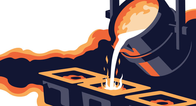 Industrial illustration of a foundry pouring molten metal from a large crucible into molds on a conveyor belt in a factory.