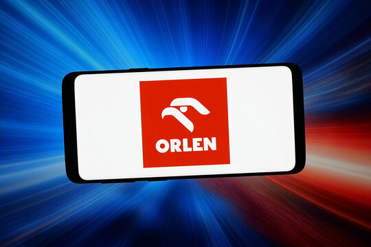Stuttgart, Germany - 02-09-2026: In this photo illustration, the logo of Polish petroleum company Orlen S.A. is displayed on a smartphone in front of abstract background on computer screen.