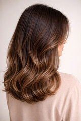 Brunette Woman Showcase Smooth, Wavy Hair with Balayage Highlight in Studio
