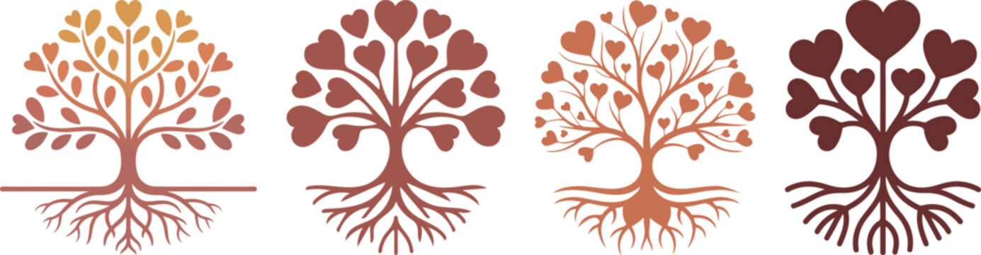 Four stylized trees with heart shaped leaves and visible roots 1