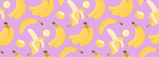 Fototapeta premium Banana seamless pattern. Bright pattern with banana on violet background.