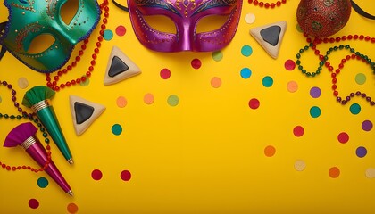 Obraz premium A vibrant and colorful Mardi Gras celebration scene with masks and beads on a yellow background