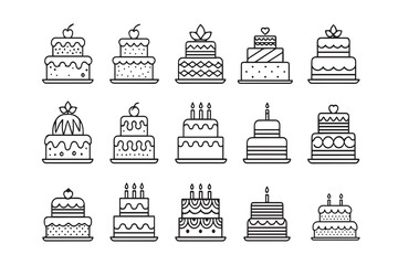 Collection of Decorative Layered Cakes with Candles Outline Vector Icons