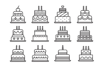 Celebration Cakes Line Icon Bundle Birthday and Party Dessert Illustrations