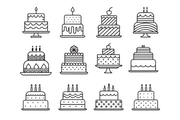 Birthday Cake Icon Set Line Art Celebration Cakes Collection