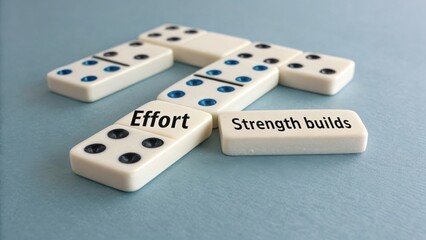 Dominoes arranged with the words Effort and Strength Build