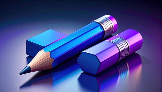 Two pencils and a metallic sharpener rest diagonally on a reflective surface, illuminated by vivid blue, purple, and pink lighting, transforming everyday stationery into a futuristic, artistic composi