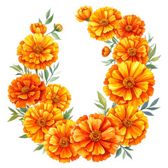 Marigold Garland: A vibrant, watercolor-style image of a garland composed of vivid orange marigold flowers and lush green leaves, arranged in a graceful circular composition.