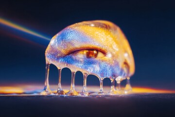 Eye trapped in liquid material showing colorful effects at night