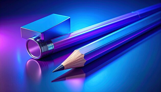 Two pencils and a metallic sharpener rest diagonally on a reflective surface, illuminated by vivid blue, purple, and pink lighting, transforming everyday stationery into a futuristic, artistic composi