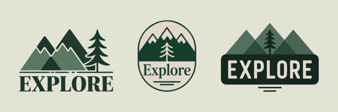 Three minimalist vintage explore mountain badges with trees