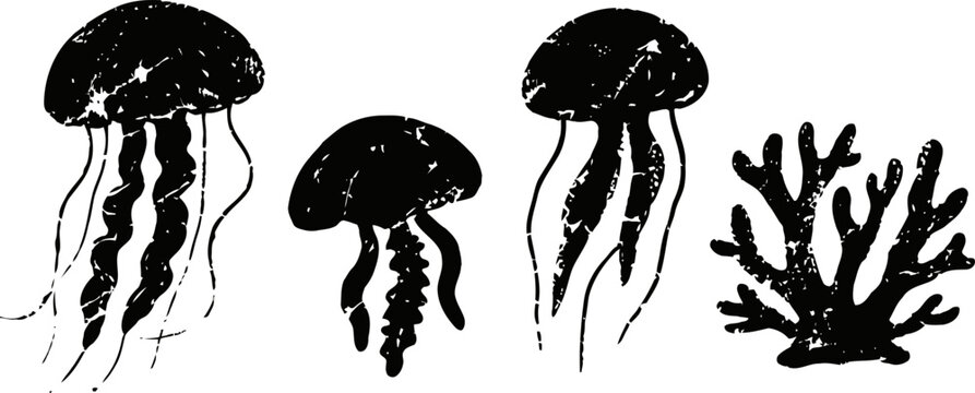 Illustration of jellyfish and sea coral silhouette set in black and white