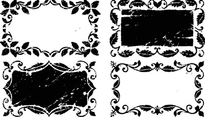 Set of vintage decorative frames with floral and ornamental design elements in black and white