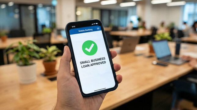 Man holding smartphone with mobile banking application showing small business loan approved. Successful financial funding concept for bank.
