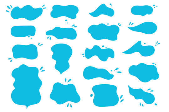 Water drops and splash silhouette in simple doodle style. Set different liquid shapes. Water speech bubbles collection isolated on white background.