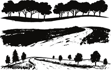 Obraz premium Silhouettes of rural landscapes with winding roads and scattered trees in countryside scenes