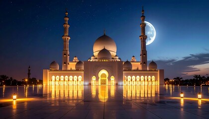 Naklejka premium Grand Mosque at Night with Full Moon Reflected in Water. Modern blurred background photo for banner, poster or magazine and website background. High quality