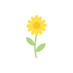 Minimal Flat Vector Illustration of Chamomile Flower with Bright Yellow Center and Pastel Green Leaves on White Background