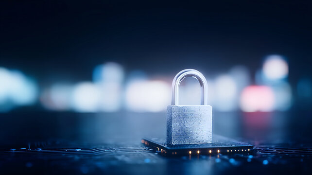 Padlock on microchip circuit representing data encryption and hardware security protection.
