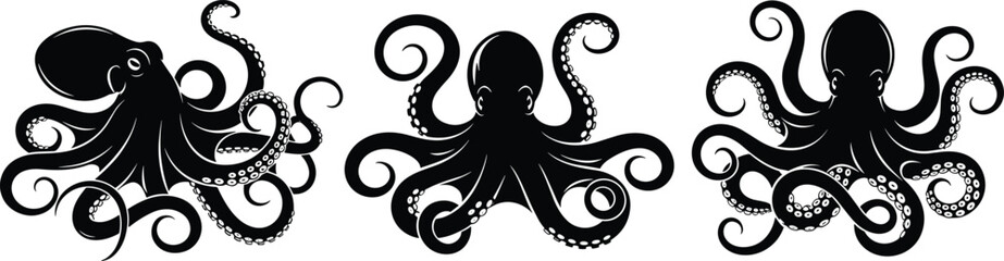 Octopus silhouette collection, detailed marine animal vector illustration set, black sea creature clipart isolated on white background for ocean design