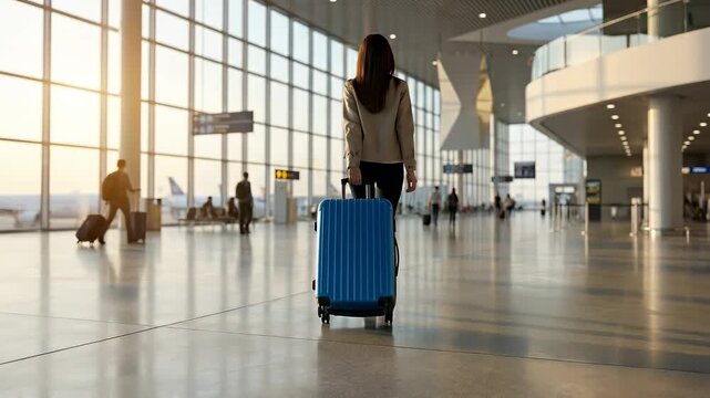 Woman in airport terminal pulling blue luggage, walking towards an airplane with sunlight streaming through large windows