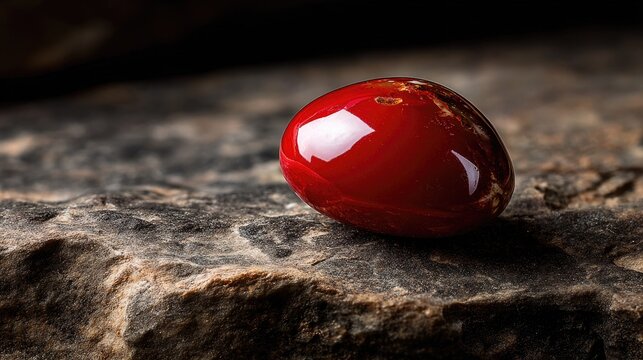Deep red polished oval gemstone rests upon rough textured natural stone surface