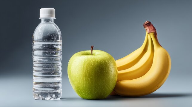 Fresh green apple, ripe bananas, and a clear water bottle arranged on a smooth surface with ample copy space on the left side for text or graphics