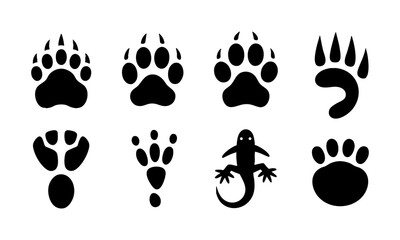Fototapeta premium Black wildlife paw and hoof print logo style vector set illustration, easily editable.