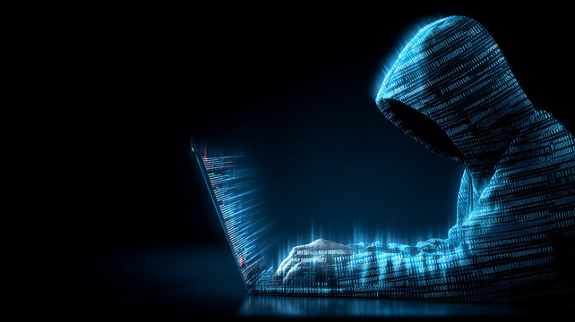 Hooded hacker using a laptop with code streams representing cybercrime and data breach threats.
