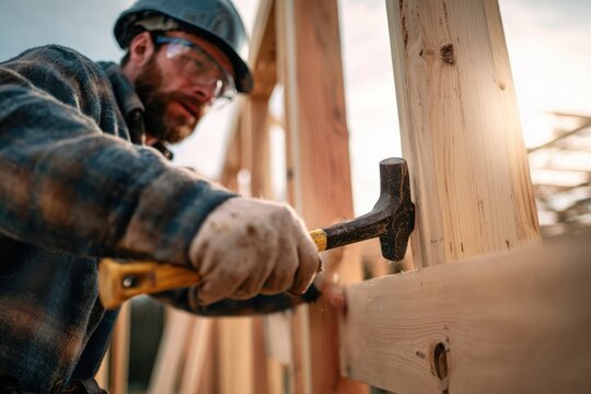 Editorial image of a builder wearing protective glasses and hard hat hammering a wooden beam into place within a timber frame structure during construction