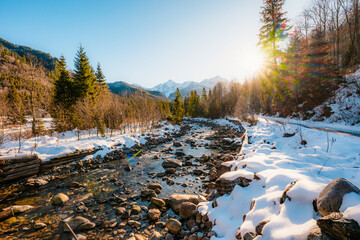 Mountain view with hiking path in Javorova dolina nature reserve during a winter sunny day in Slovakia in High Tatras mountains © Zedspider