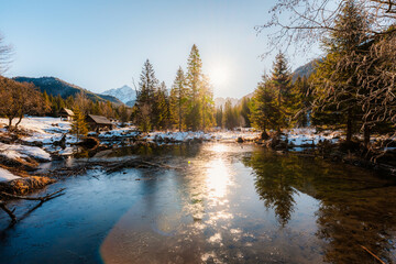 Mountain view with hiking path in Javorova dolina nature reserve during a winter sunny day in Slovakia in High Tatras mountains © Zedspider