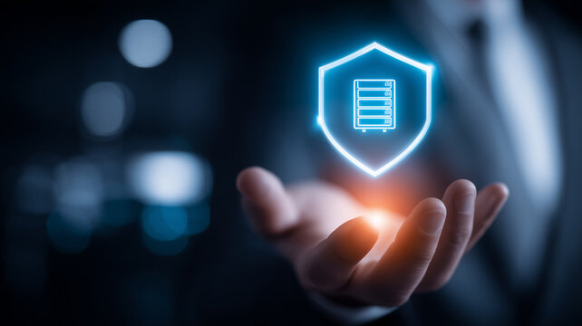 Shield icon with server symbol above hand representing secure hosting, data center protection and IT reliability.

