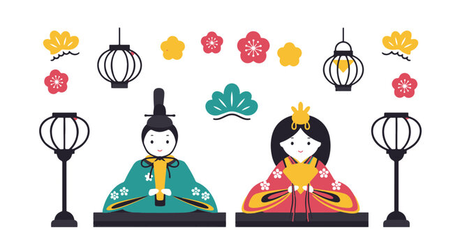 Classic Japanese Hina Dolls Featuring Traditional Emperor and Empress Figures with Festive Decor and Lanterns