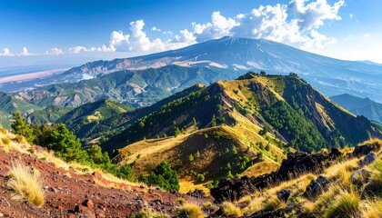 Expansive vista showcasing a mountain range under a bright blue sky, grassy hills in foreground and a snow-capped peak in the distance