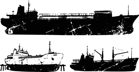 Obraz premium silhouette illustrations of three cargo ships and tankers in various side views