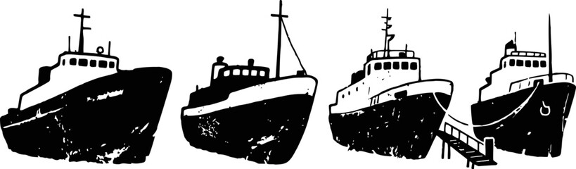 Obraz premium Four black and white fishing boats lined up in silhouette with varying bow angles and railings