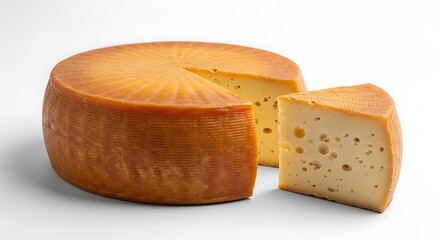 A wheel of golden cheese, one slice cut out, isolated on white backdrop