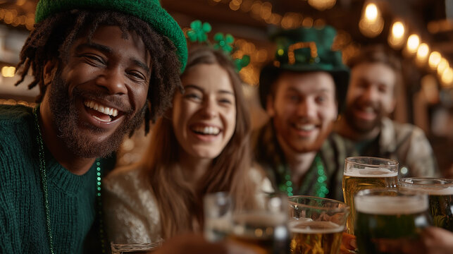 Group of happy friends, a man and a woman, celebrating Saint Patricks Day in a lively pub, enjoying beer and good company with a cheerful atmosphere.