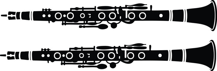A black and white silhouette illustration of a clarinet on a white background © MD